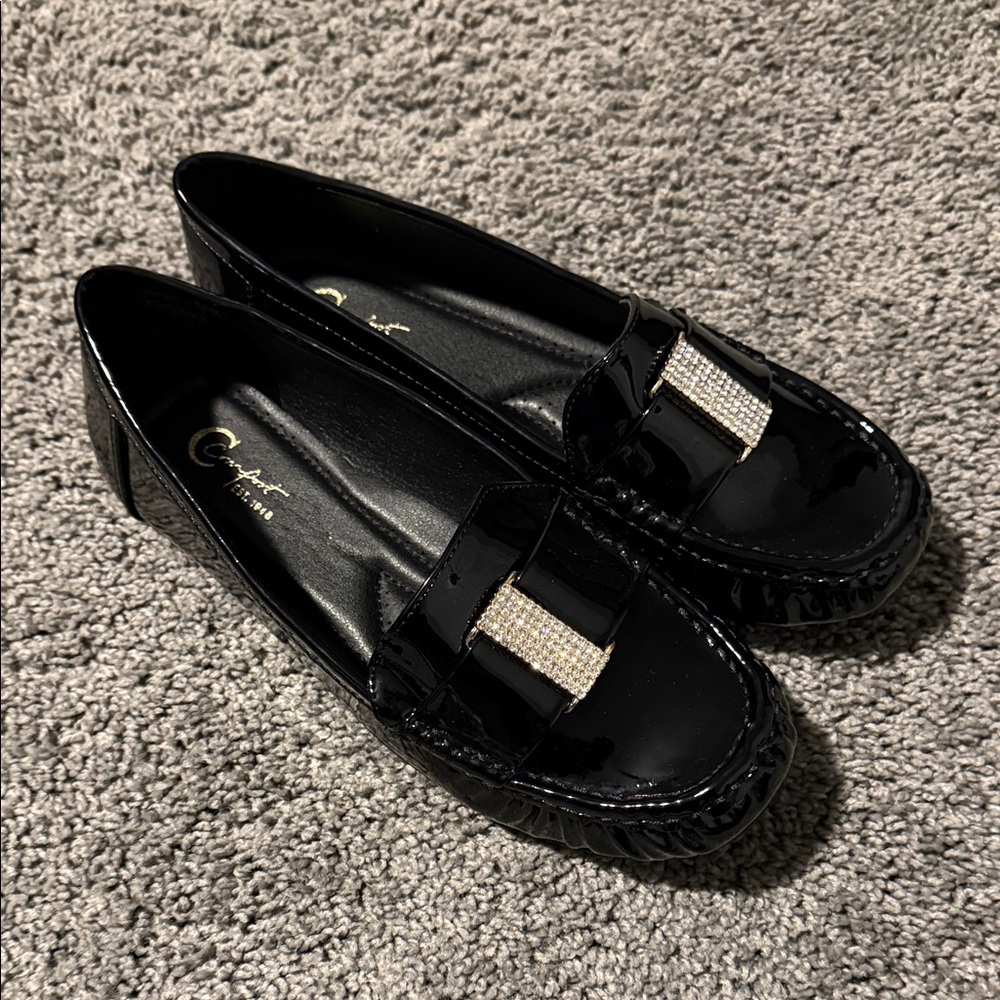 Black Patent Loafers with Gold Accent